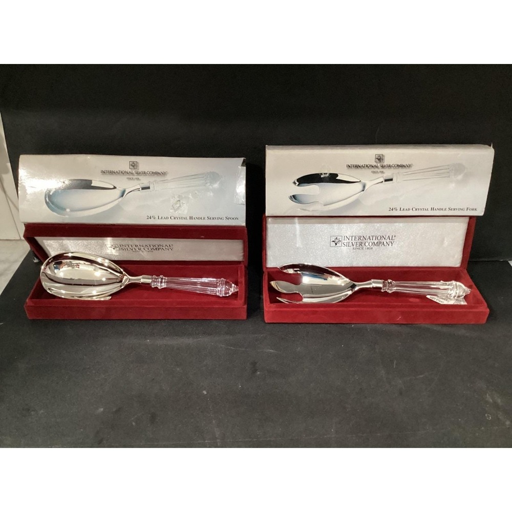 International Silver Company Serving Spoon Fork w/Crystal Handle  Burgundy Case
